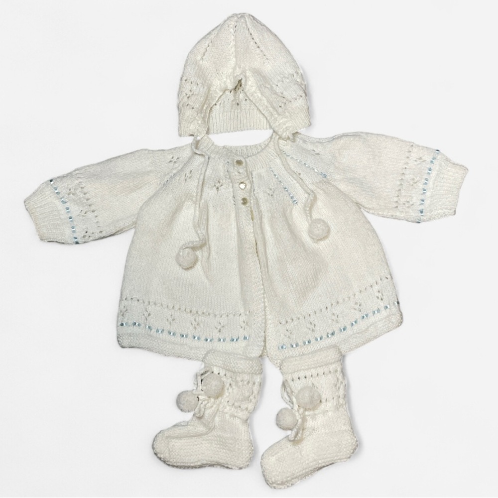 Vintage Handmade Classic Knitted Infant Matinee Coat Bonnet Booties Set‎